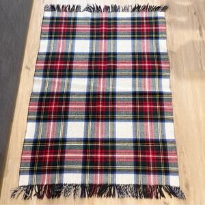 Plaid Fringe Small Throw Blanket Wool Vintage with Fringes